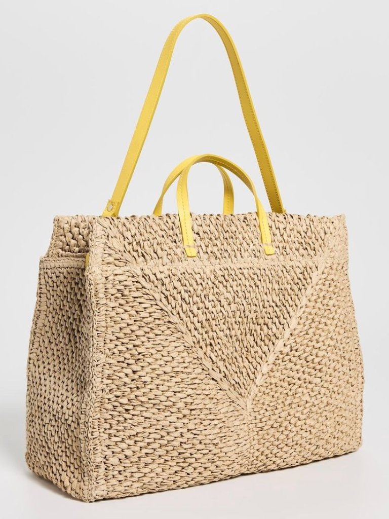 Clare V Summer Simple Tote Dune Raffia Woven Straw Yellow Leather Shoulder Strap